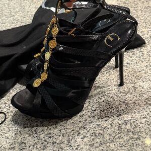 Cavalli Satin Snakeskin Coin Strap Heels